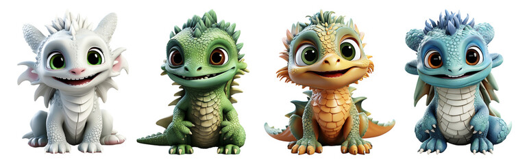 set of 3d illustrations of adorable cute dragon cartoon characters, isolated on transparent background, generative ai
