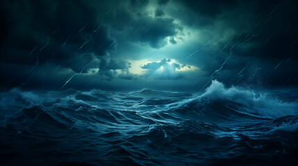 Epic nighttime storm scene at sea with rough waves with foam, rain, and the sky illuminated between dark clouds by lightning. Dangers of navigation with blue and cyan hues - obrazy, fototapety, plakaty