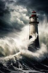Big storm with big waves near a lighthouse. Vertical photo.