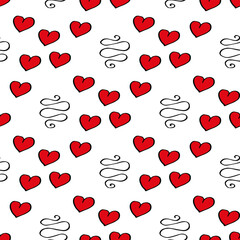 Seamless pattern with cute romantic red hearts on white background. Vector image.