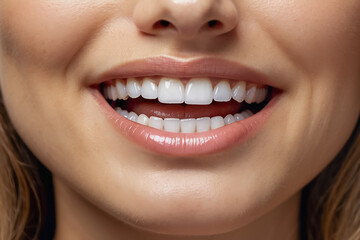 Smiling woman with beautiful healthy teeth, close-up.