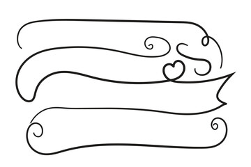 
Hand-drawn curly hearts scroll Line Calligraphic writing outline ribbon, calligraphy lettering poster useful Valentine's Day, blank space writing for text, ribbon romantic love empty outline banner 