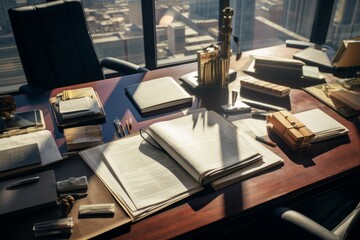 Close-up of a desk in modern office. A lot of papers, closed and open folders with documents, stationery on a large office table. Panoramic windows overlooking the city in the background. - obrazy, fototapety, plakaty