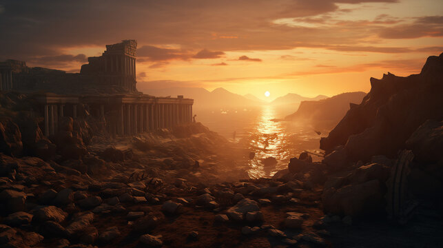Epic sunset landscape featuring the ruins of a Greek or Roman temple among rocks, with the golden sun setting behind mountains, reflecting in the sea. Historical wallpaper of a lost empire.