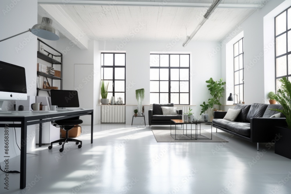 Poster interior of empty modern white office with chillout area. large work table with desktop computer and