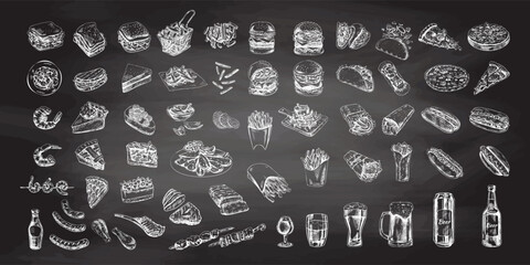 Hand-drawn sketch of street food, takeaway food, fast food, junk food and drinks on chalkboard background. Burgers, potato french fries, chips, pizza, hot dogs, burritos, tacos set. Great for menu.