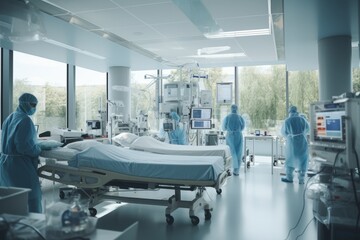 General view of ward in modern hospital with medical service staff at work. Clean and comfortable recovery room with beds and complex medical equipment for treatment and examination of patients.