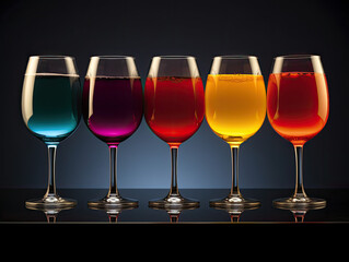 Glasses of wine filled with original colored drinks that transcend the ordinary, blending hues that stimulate the senses and elevate the drinking experience
