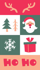 Set of Christmas illustrations. Santa Claus laughs. Christmas lettering ho ho. Vector illustration in flat style. Christmas character. Stylized Christmas trees. Gift in a box with a bow. Antler.