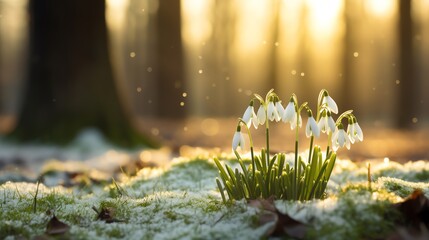 Field of snowdrops in the snow in the woods. AI generated image