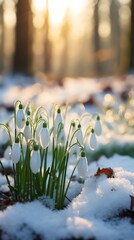 Field of snowdrops in the snow in the woods. AI generated image