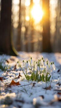Fototapeta Field of snowdrops in the snow in the woods. AI generated image