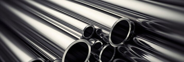A stack of stainless steel pipes with the word steel - obrazy, fototapety, plakaty