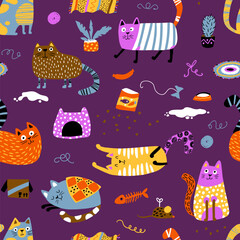 Cats seamless pattern. Funny colorful characters in different poses in a house mess. Nursery Vector hand-drawn illustration in simple Scandinavian style, ideal for printing baby textiles, fabrics.