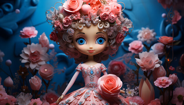 Beautiful princess. clay doll and a smiling pink. princess with blue eyes. floral blue color background. greeting card.
