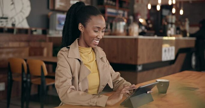Happy, coffee shop and black woman with a tablet, typing and search internet with connection, thinking and copywriting. African person, freelancer or employee with technology, social media and cafe