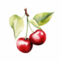 Cherry with Leaf. Watercolour Illustration of Cherries Isolated on White.