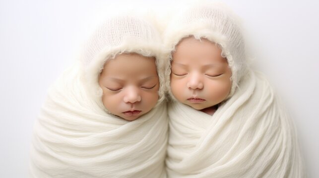 Adorable Newborn Twin Boys Sleeping and Hugging Each Other in White Cocoons. Professional Studio Photography