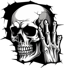 Mystic Masonry Cracked Wall Skull Icon Design Wallflower Wraith Black Skull Peeking from Wall Vector