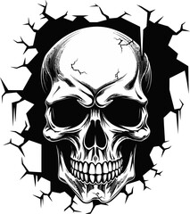 Fototapeta premium Phantom Portal Cracked Wall Skull Emblem Design Ephemeral Fissure Black Logo with Peeping Skull
