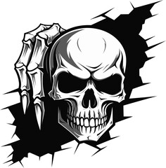 Mystic Masonry Cracked Wall Skull Icon Design Wallflower Wraith Black Skull Peeking from Wall Vector