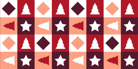 New Year and Christmas geometric vector seamless pattern in red and burgundy colors with fir trees and stars