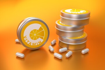 metal cans with vitamin C tablets with spilled capsules around - 686585619