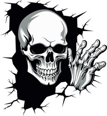 Wallflower Wraith Cracked Wall Skull Vector Phantom Portal Black Logo Design with Peeping Skull