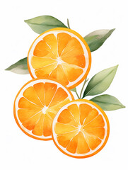 Fruit Orange cut in half with Leaf. Watercolour Illustration of Oranges with Leaves Isolated on White.