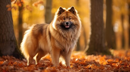 Eurasier Dog with Beautiful Fur in Autumn Scenery. Close-up Portrait of Domesticated Canine Animal