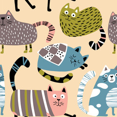 Cats seamless pattern. Funny characters in different poses. Nursery vector hand-drawn illustration in simple Scandinavian style. Pastel palette ideal for printing baby textiles, fabrics.
