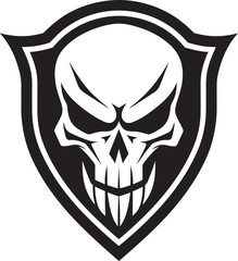 Obraz premium Sentinel Sanctuary Black Shield Emblem with Skull Cryptic Citadel Skull Shield Vector Insignia