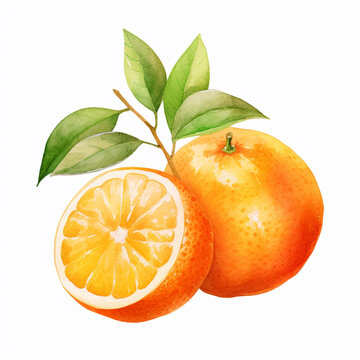 Fruit Orange cut in half with Leaf. Watercolour Illustration of Oranges with Leaves Isolated on White.