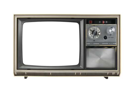 Old TV isolated on a white background. Retro technology concept. Blank screen for text. Vintage TVs from the 1980s, 1990s, 2000s.