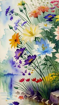 Watercolor flowers near the water. Abstract background texture of nature. Painted lilies, water lilies on the river