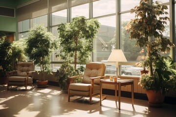 Relaxation room in a modern hospital with comfortable chairs. A cozy, bright, comfortable premises in a modern clinic with indoor plants, where patients can relax or chat with visiting relatives.