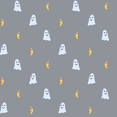 Seamless pattern with halloween ghost and moon on gray background. Vector image.