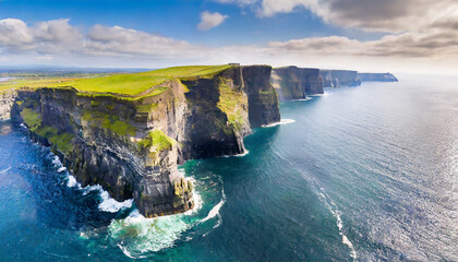 Panoramic bird's-eye view of the Cliffs of Moher - obrazy, fototapety, plakaty