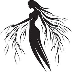 Foliage Femme Willow Tree Icon with Womans Silhouette Elegance Engraved Black Vector Logo of Woman and Willow