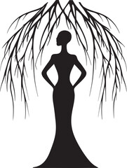 Sculpted Spirit Willow Tree Carving with Womans Touch Natures Embrace Woman as Willow Tree in Black Emblem