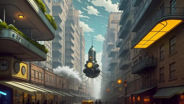Futuristic, steampunk city in spring with blooming trees. Space society on another planet