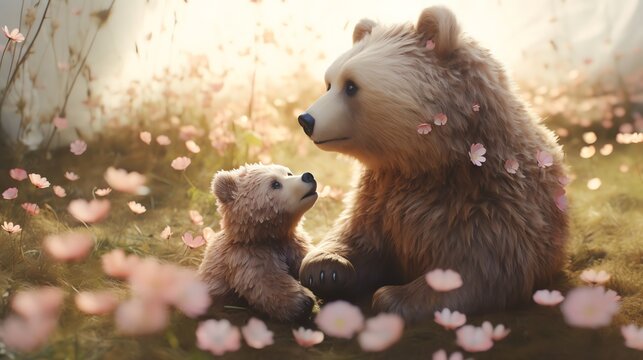 Hyper realistic super cute mama bear hugging baby bear. Happy mother's day greeting card concept. AI generated image