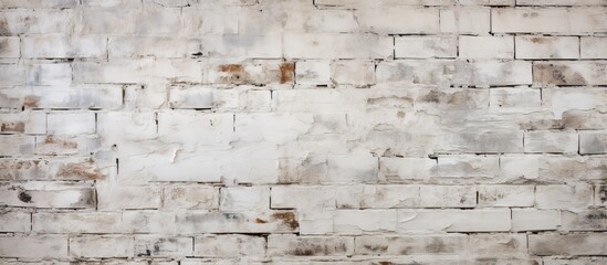 Old stained brick wall with uneven plaster painted white and grey serving as a background for home...