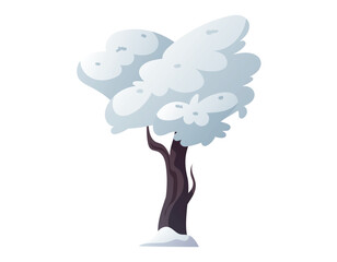 Cartoon tree with a snow-covered crown, white cold snowdrift. Vector isolated winter illustration.