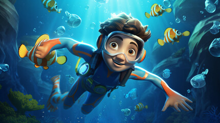 Cute Cartoon Boy Scuba Diver Underwater