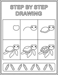 Sea turtle. Book page, drawing step by step. Black and white vector coloring page.