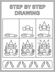 Underwater Castle. Book page, drawing step by step. Black and white vector coloring page.