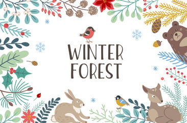 Decorative winter background with evergreen plants, deer and bear - 686588816