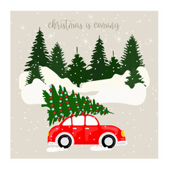 Christmas card, Christmas tree on the red car
