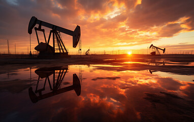 Oil drilling at beautiful sunset